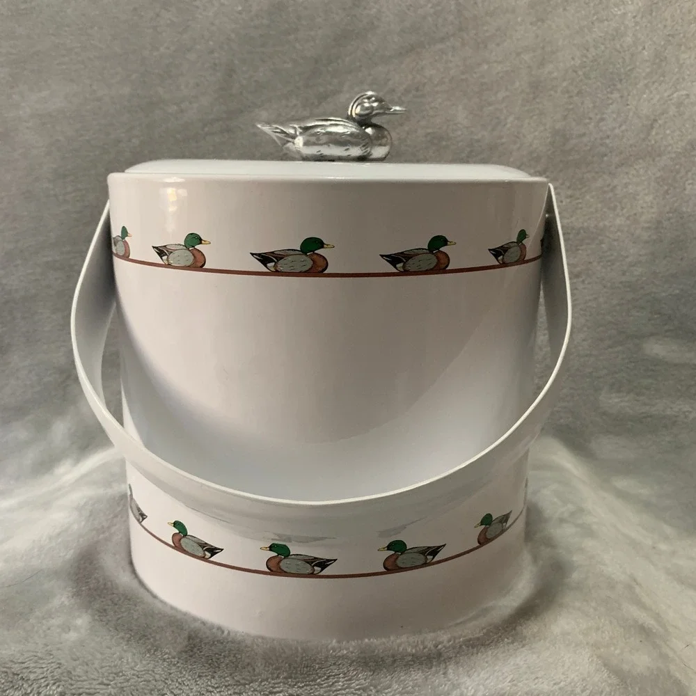 Georges Briard Vintage Mallard Duck Ice Bucket White Silver Finial Barware MCM